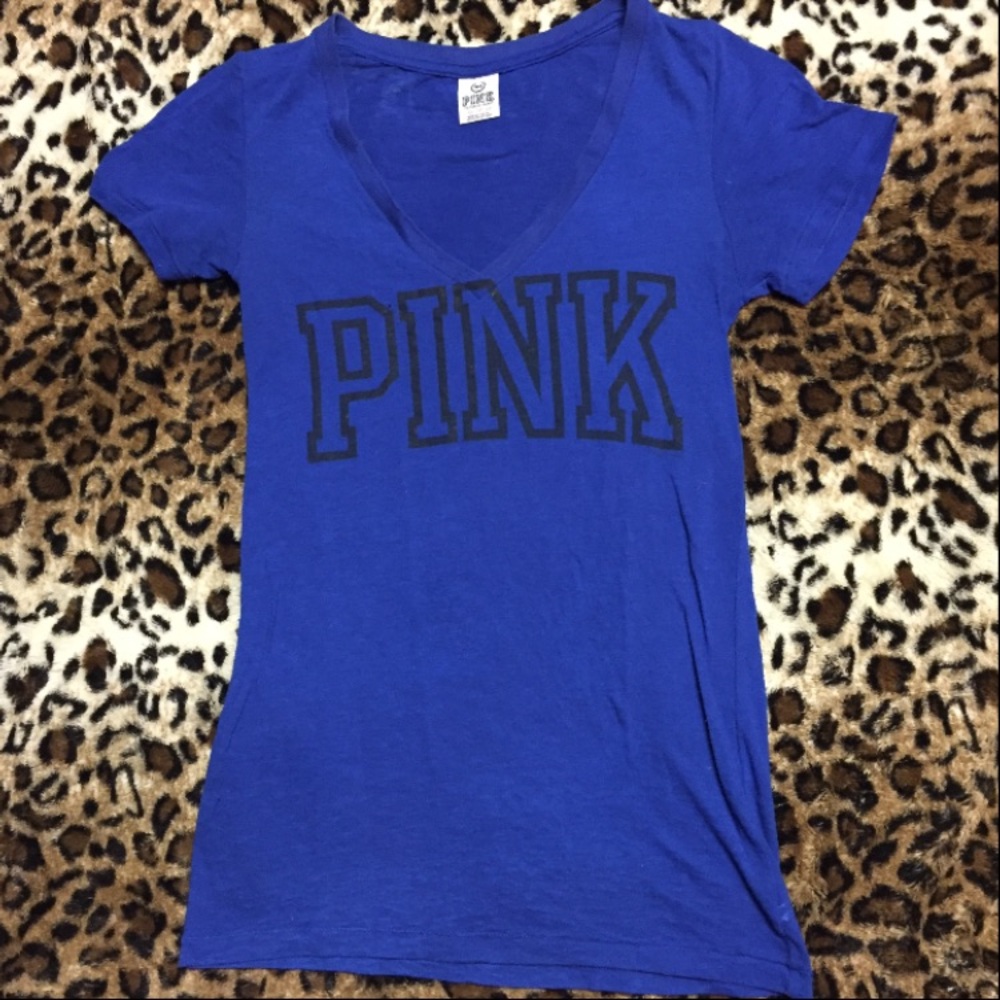 PINK Victoria's Secret Royal Blue V‑Neck Tee with Black Logo